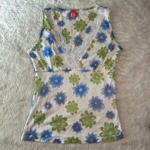 Y2K sequin beaded lace trim sleeveless floral top Womens size M fits S
